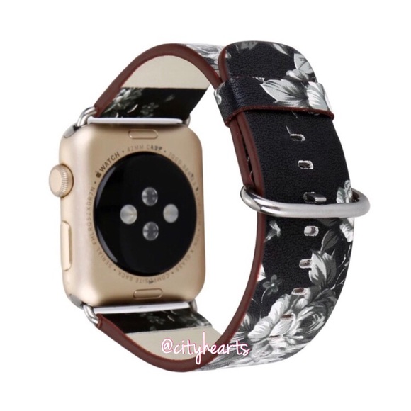 NEW Black Floral Vegan Leather Apple Watch Band - Picture 1 of 5